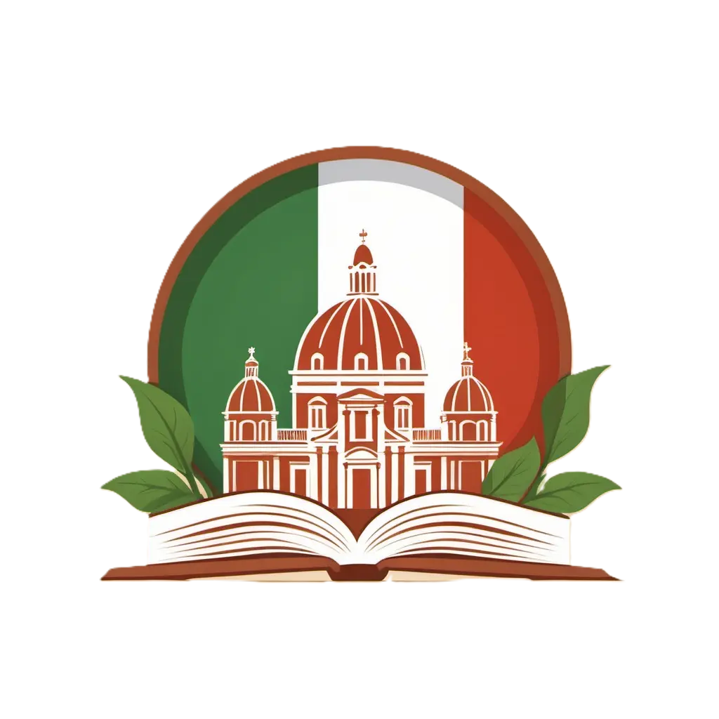 Italian Speaking Classes logo featuring a stylized Italian flag with green, white, and red vertical stripes, overlaid with an open book and a St. Peter's Basilica, symbolizing language learning and conversation.